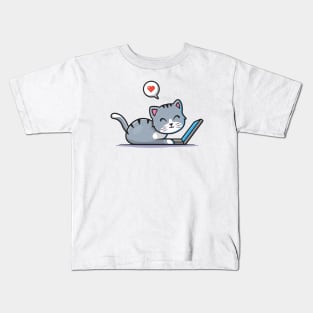 Cute Cat Working On Laptop With Coffee Cup Cartoon Vector Icon Illustration (3) Kids T-Shirt